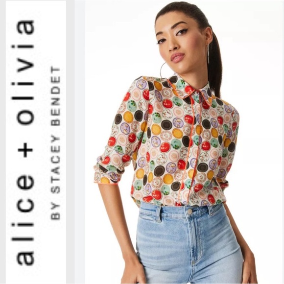 Alice + Olivia Tops - Alice + Olivia Willa “Dinner Party” Print Silk Blouse S